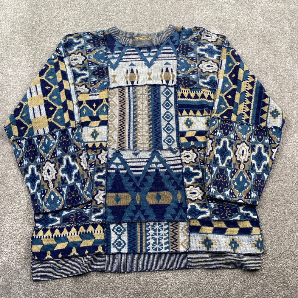 Express Sweater Womens One Size Blue Patchwork Geometric Vintage Oversized Knit